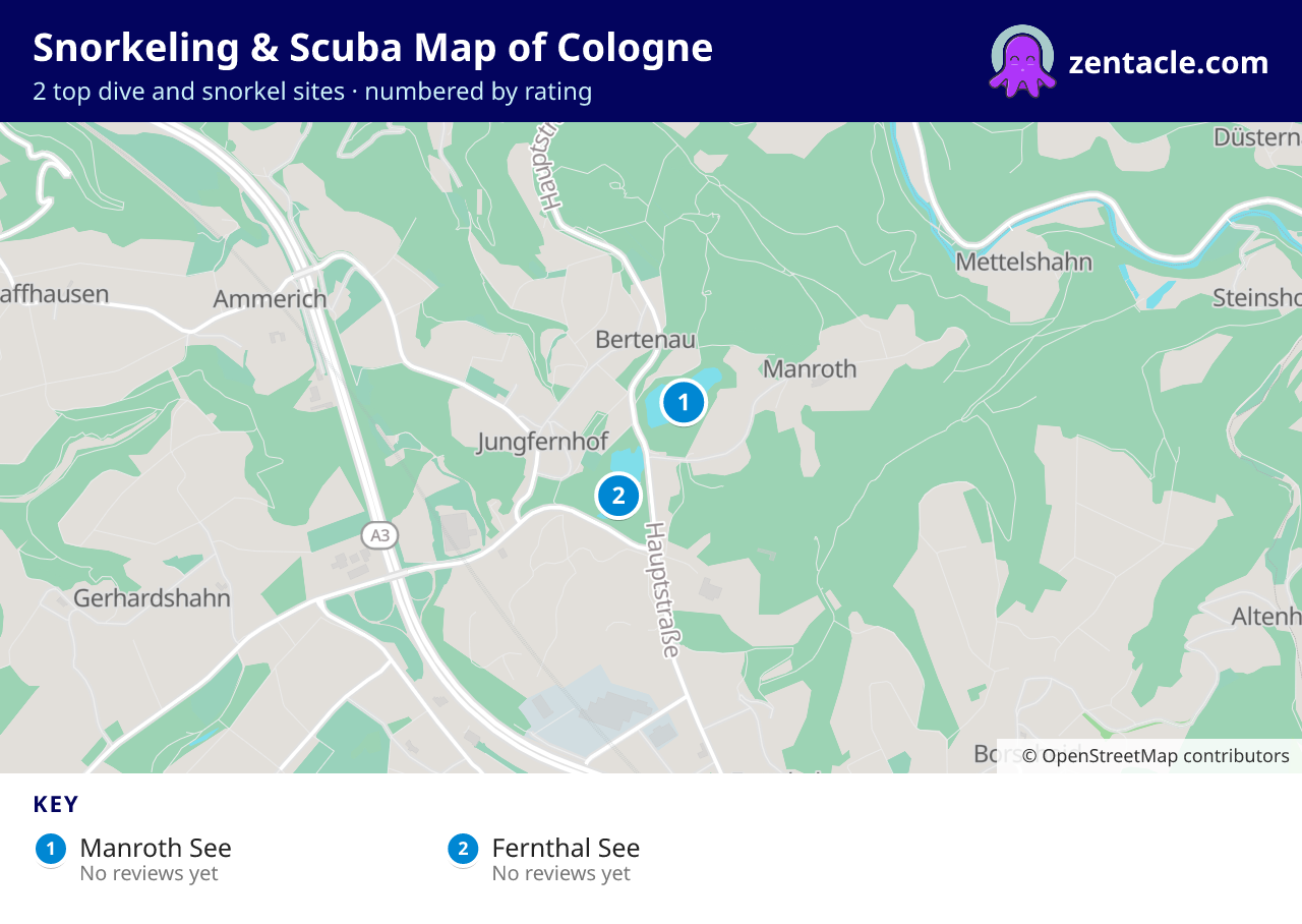 Snorkeling & Scuba Map of Cologne: numbered map of the top 2 dive and snorkel sites, with ratings