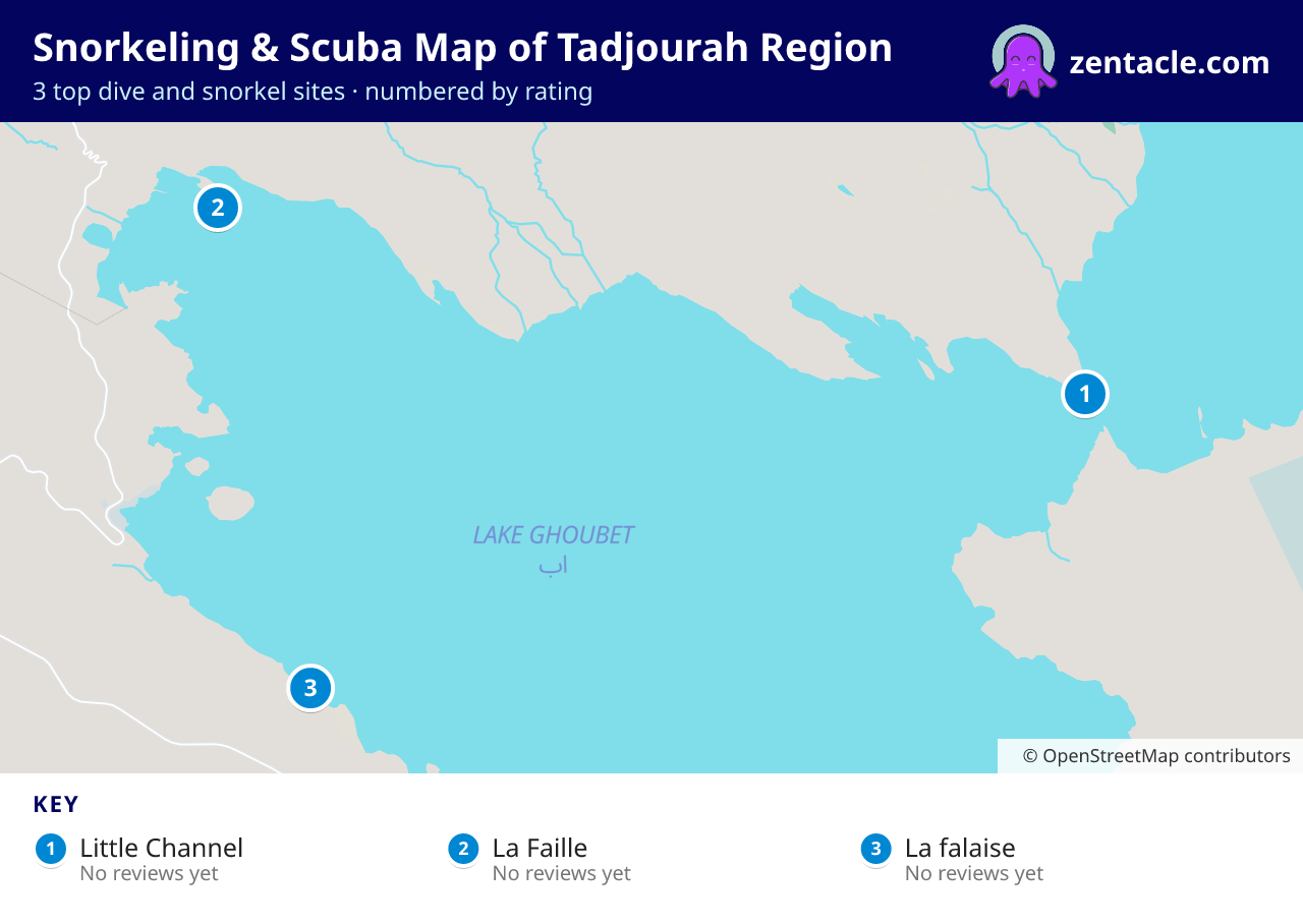 Snorkeling & Scuba Map of Tadjourah Region: numbered map of the top 3 dive and snorkel sites, with ratings