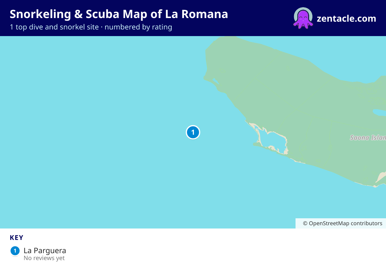 Snorkeling & Scuba Map of La Romana: numbered map of the top 1 dive and snorkel sites, with ratings