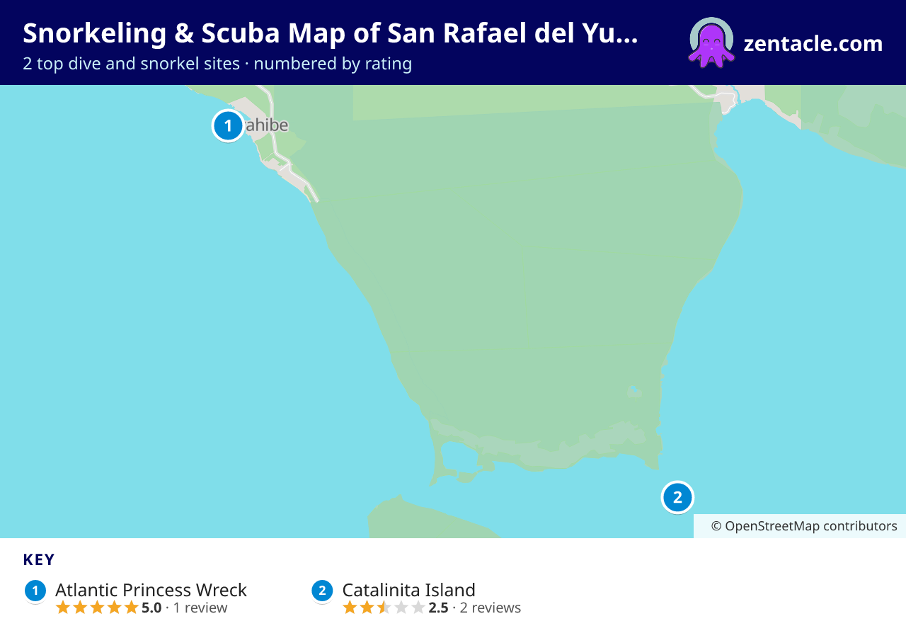 Snorkeling & Scuba Map of San Rafael del Yuma: numbered map of the top 2 dive and snorkel sites, with ratings