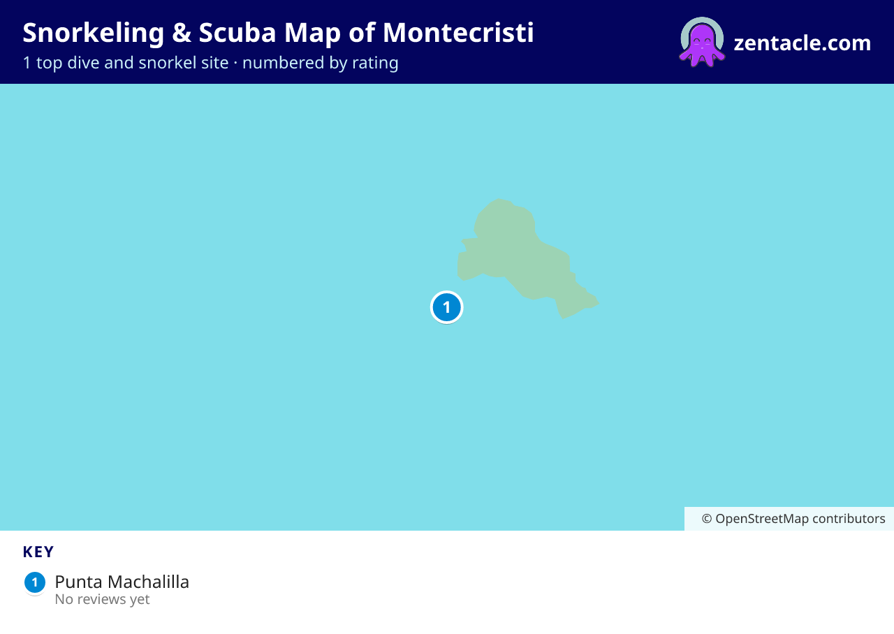 Snorkeling & Scuba Map of Montecristi: numbered map of the top 1 dive and snorkel sites, with ratings