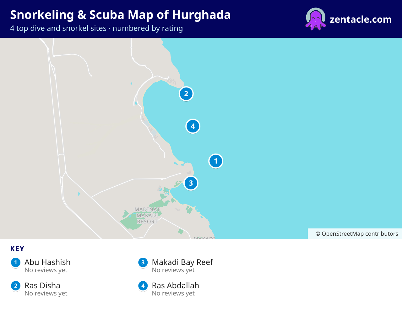 Snorkeling & Scuba Map of Hurghada: numbered map of the top 4 dive and snorkel sites, with ratings