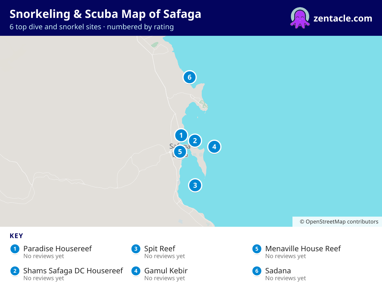 Snorkeling & Scuba Map of Safaga: numbered map of the top 6 dive and snorkel sites, with ratings