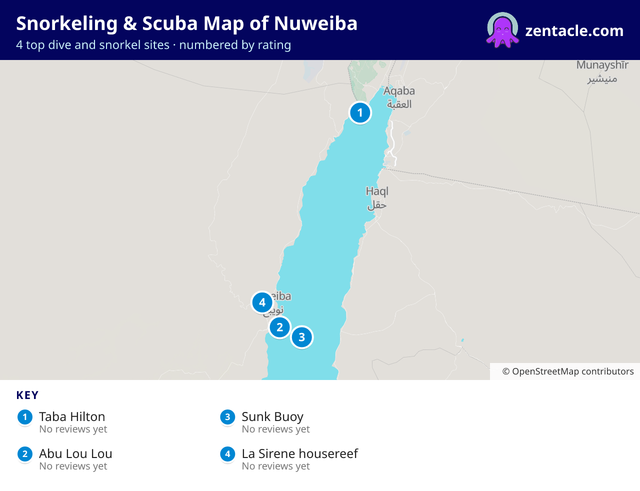 Snorkeling & Scuba Map of Nuweiba: numbered map of the top 4 dive and snorkel sites, with ratings