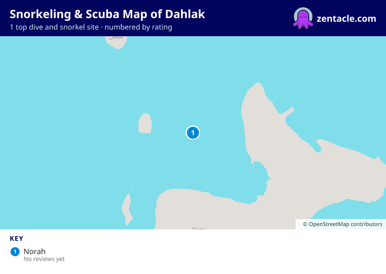 Snorkeling & Scuba Map of Dahlak: numbered map of the top 1 dive and snorkel sites, with ratings