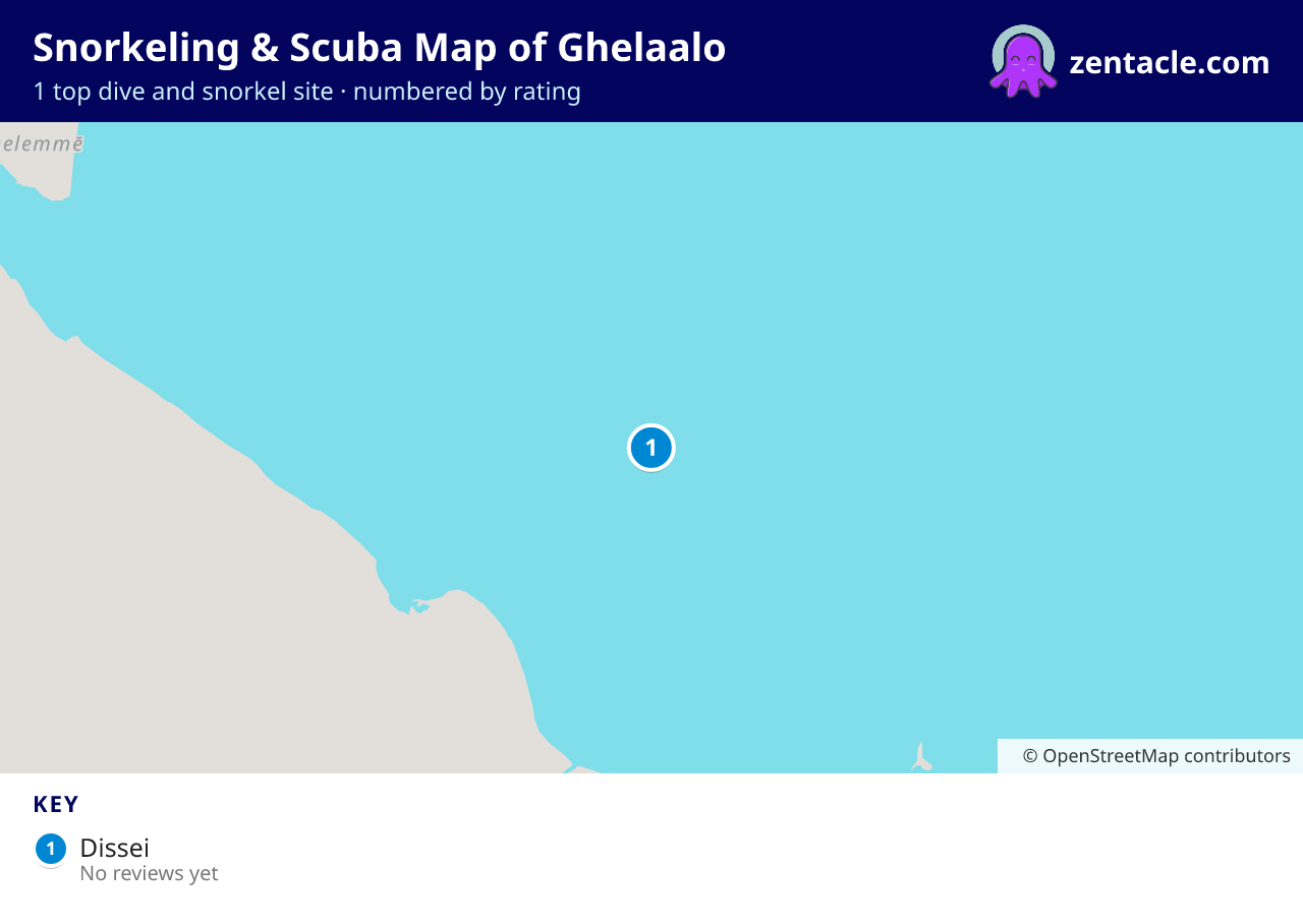 Snorkeling & Scuba Map of Ghelaalo: numbered map of the top 1 dive and snorkel sites, with ratings