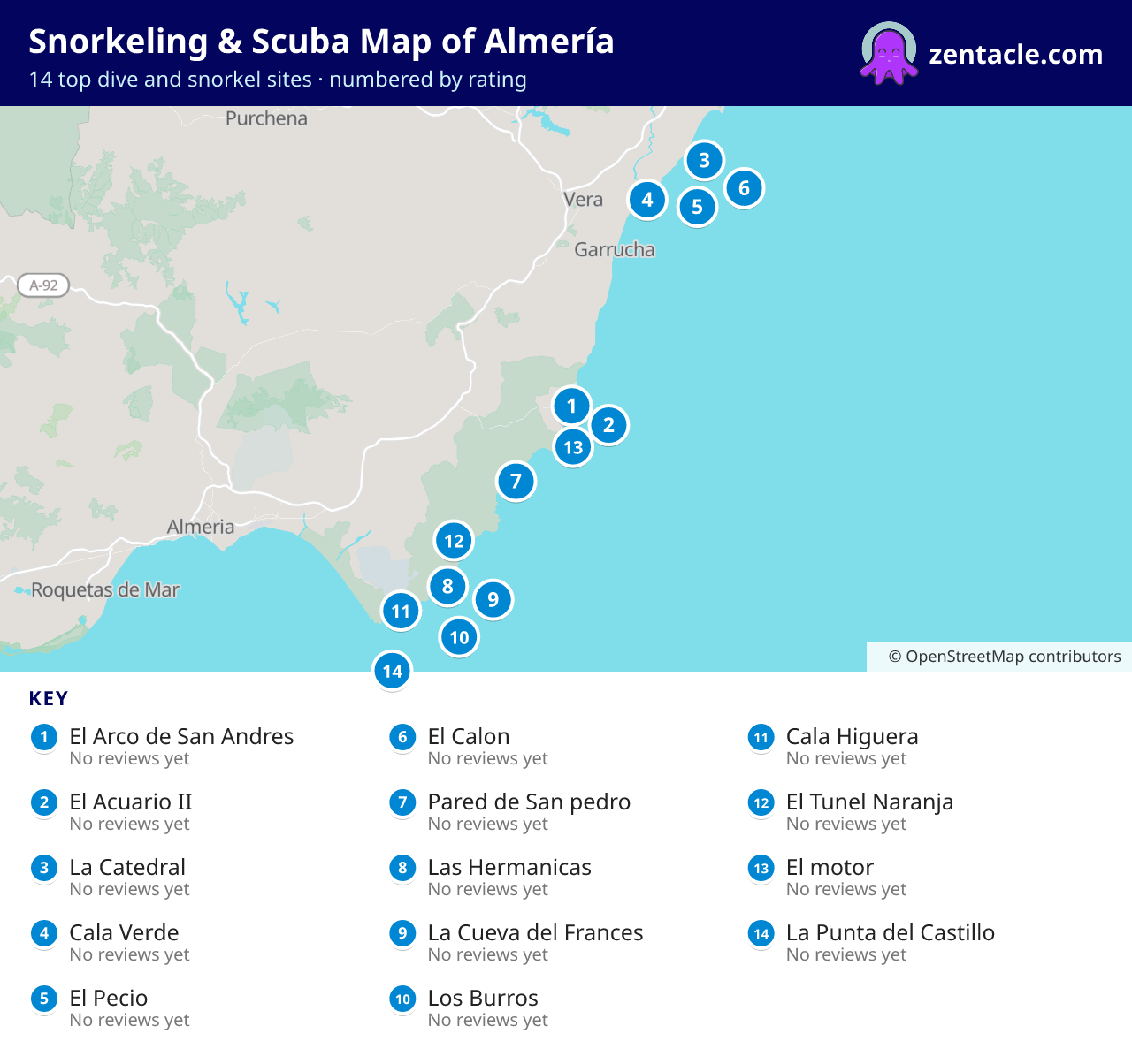 Snorkeling & Scuba Map of Almería: numbered map of the top 14 dive and snorkel sites, with ratings