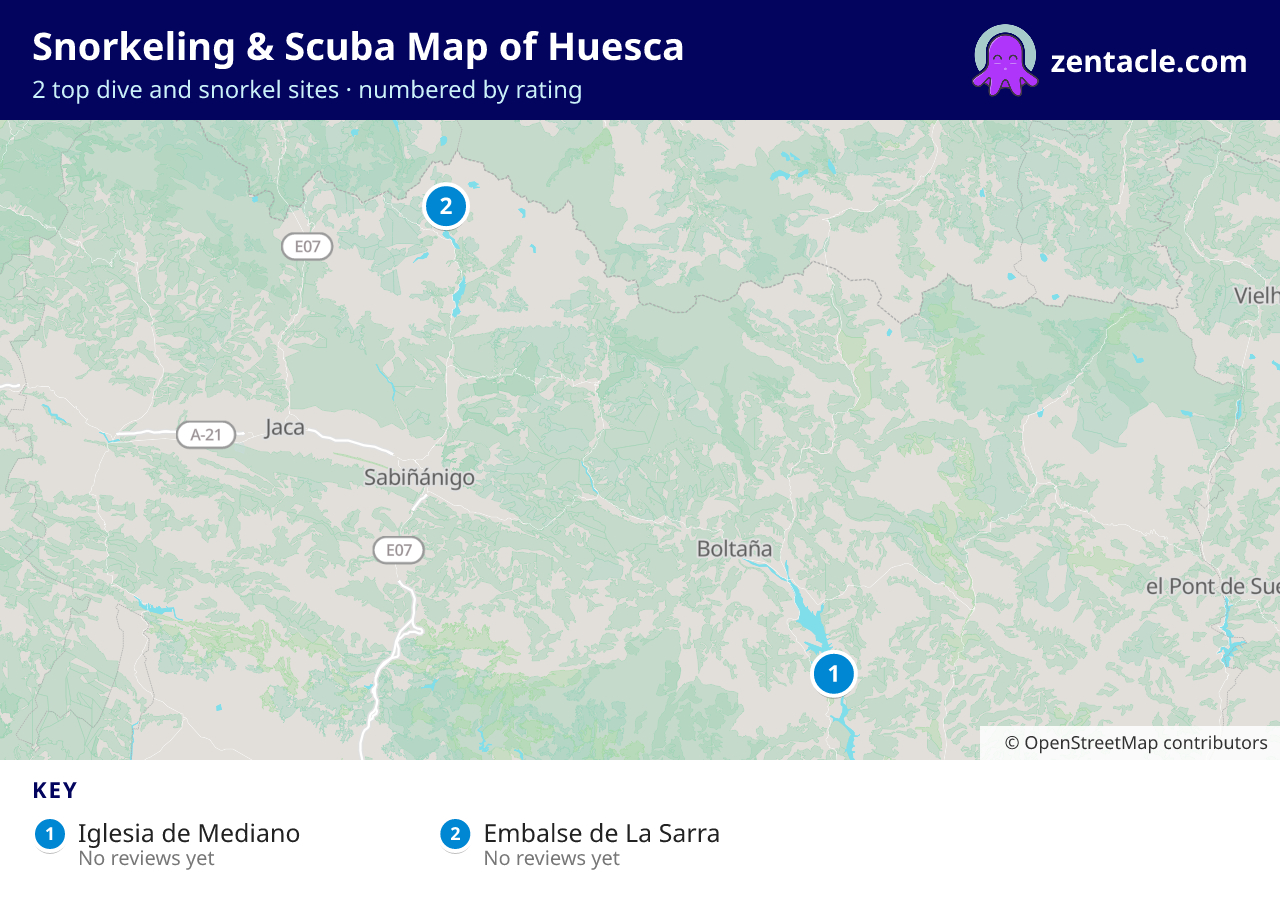 Snorkeling & Scuba Map of Huesca: numbered map of the top 2 dive and snorkel sites, with ratings
