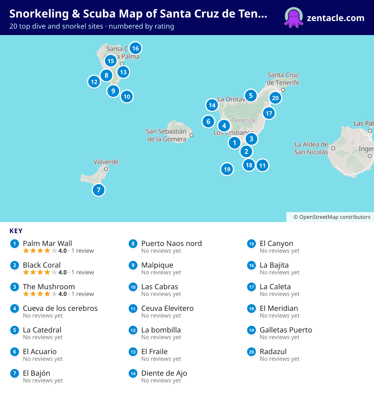 Snorkeling & Scuba Map of Santa Cruz de Tenerife: numbered map of the top 20 dive and snorkel sites, with ratings