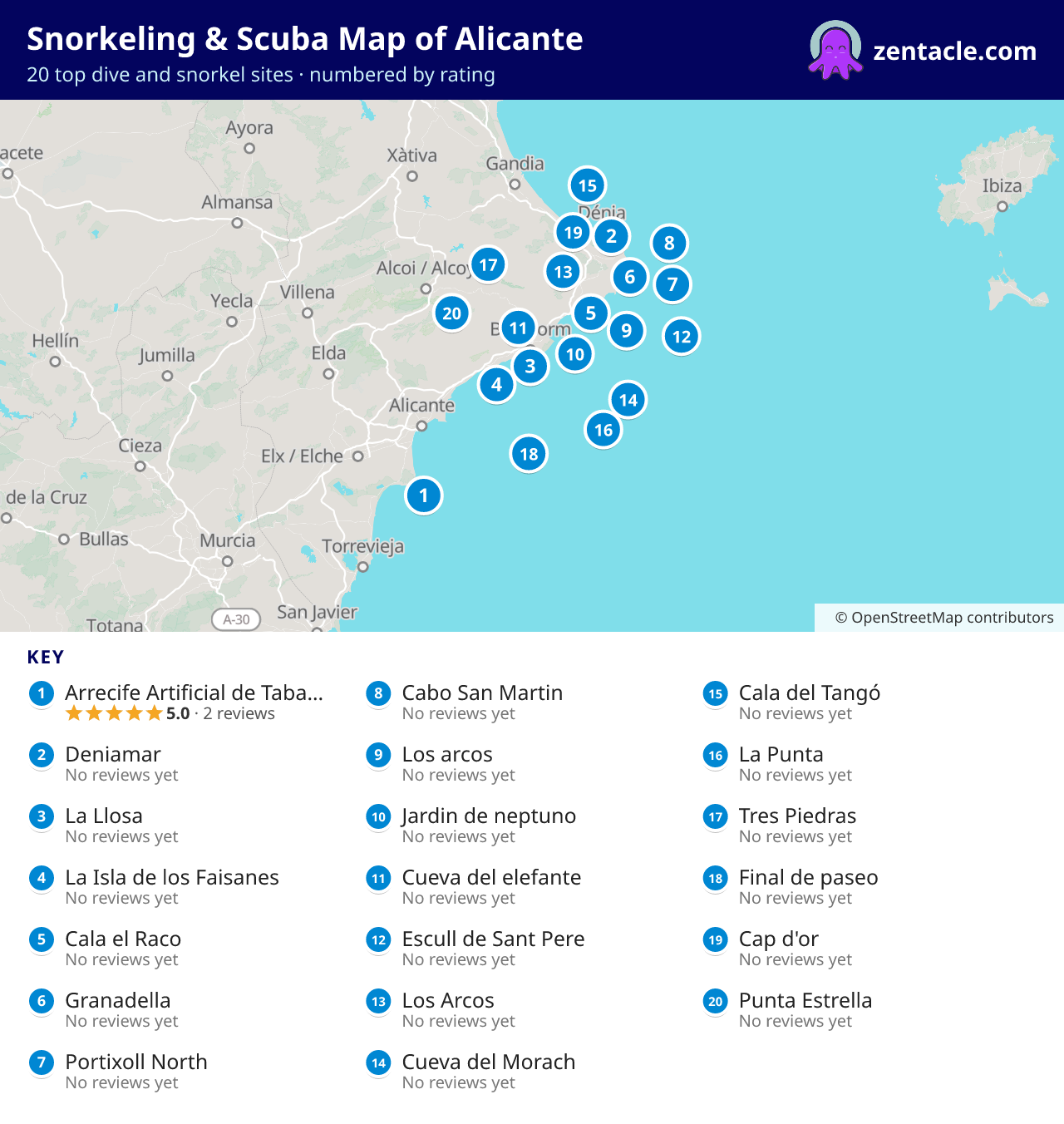 Snorkeling & Scuba Map of Alicante: numbered map of the top 20 dive and snorkel sites, with ratings