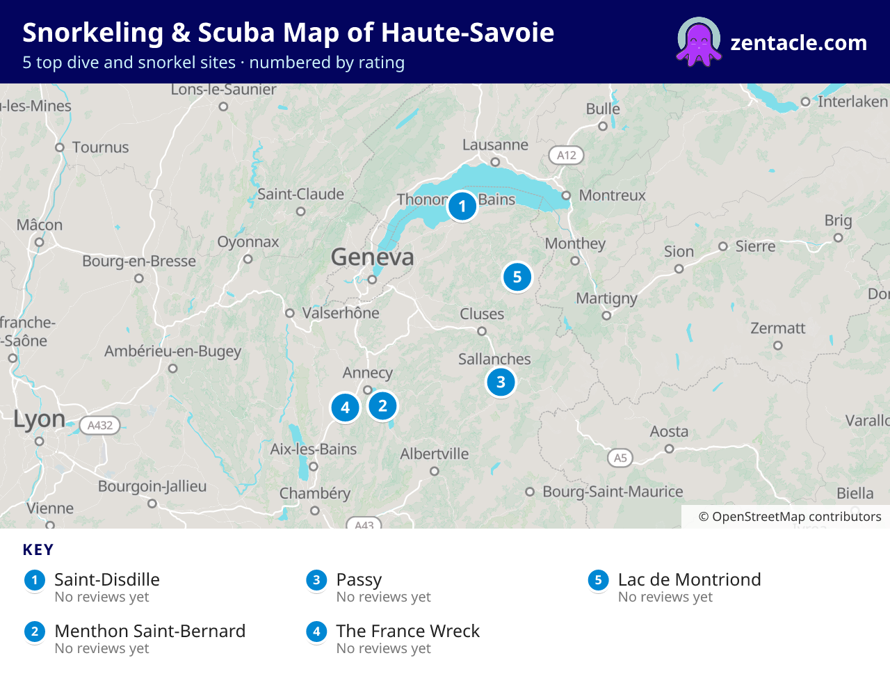 Snorkeling & Scuba Map of Haute-Savoie: numbered map of the top 5 dive and snorkel sites, with ratings