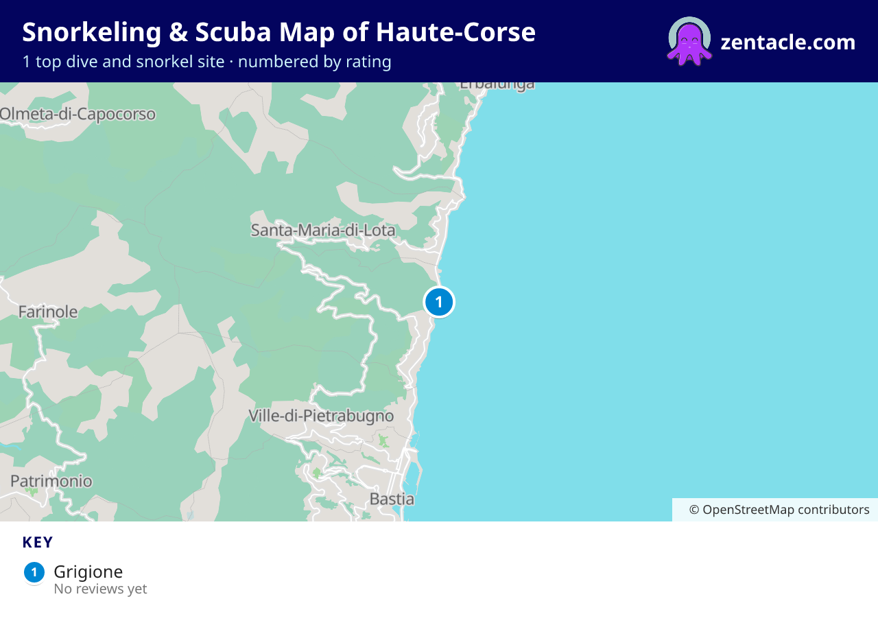 Snorkeling & Scuba Map of Haute-Corse: numbered map of the top 1 dive and snorkel sites, with ratings
