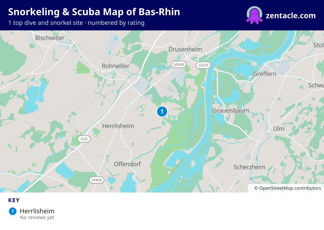 Snorkeling & Scuba Map of Bas-Rhin: numbered map of the top 1 dive and snorkel sites, with ratings