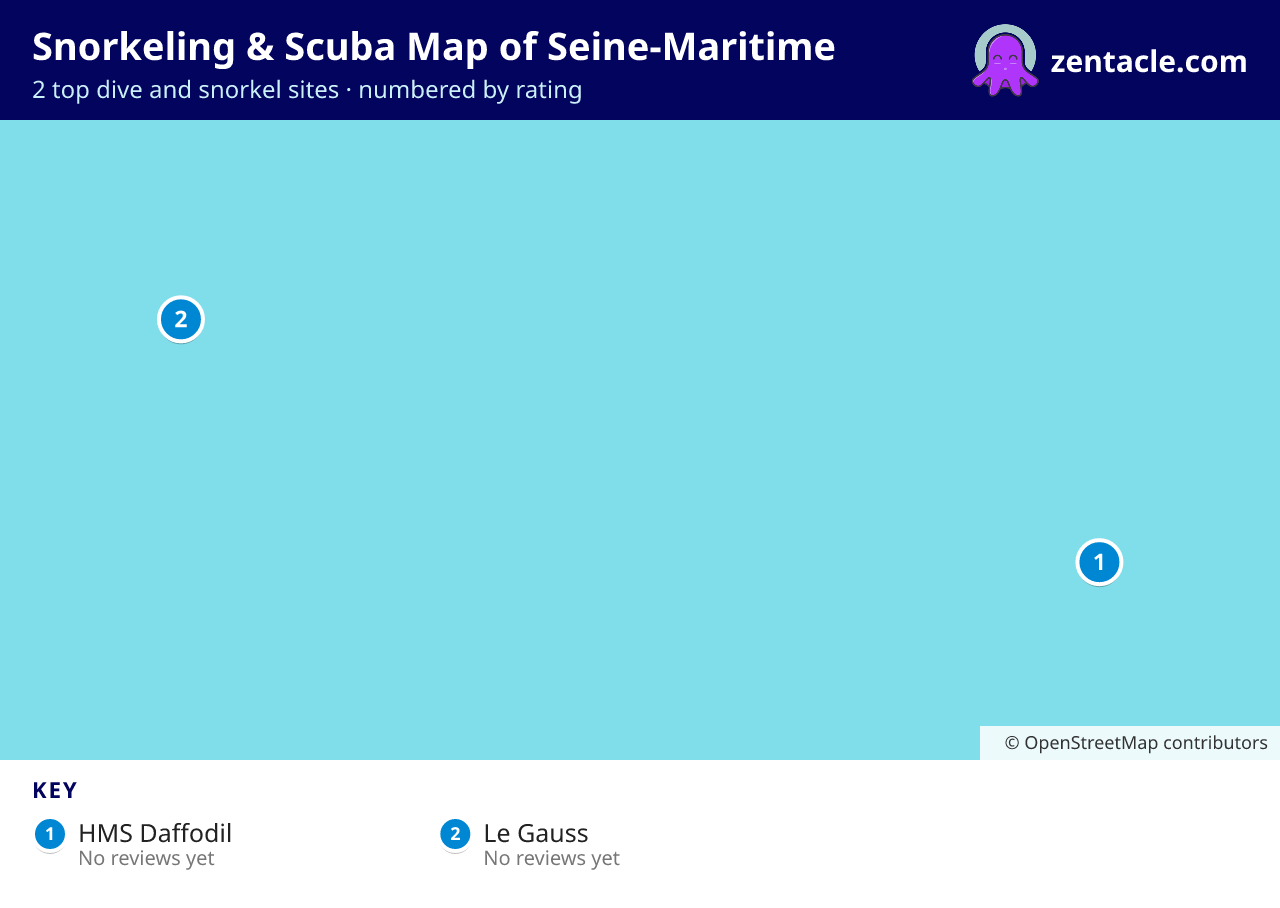 Snorkeling & Scuba Map of Seine-Maritime: numbered map of the top 2 dive and snorkel sites, with ratings