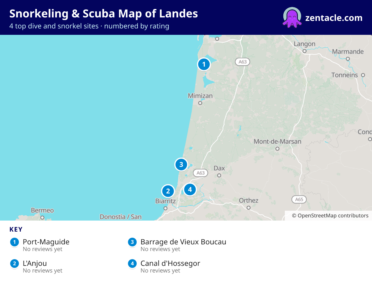 Snorkeling & Scuba Map of Landes: numbered map of the top 4 dive and snorkel sites, with ratings