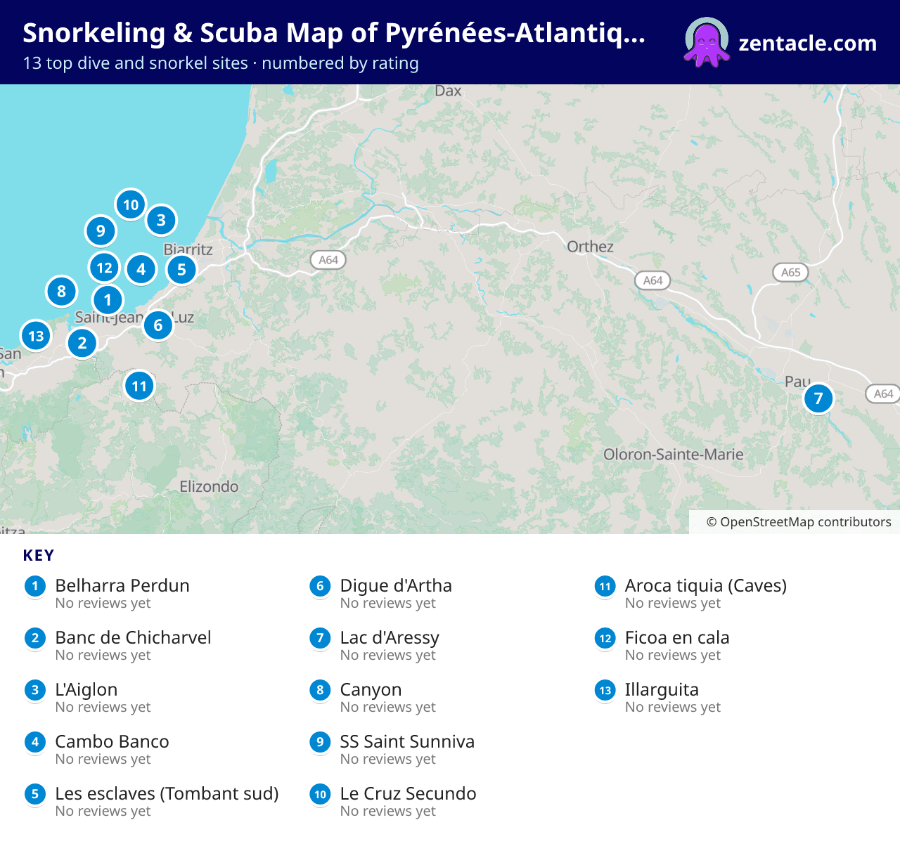 Snorkeling & Scuba Map of Pyrénées-Atlantiques: numbered map of the top 13 dive and snorkel sites, with ratings