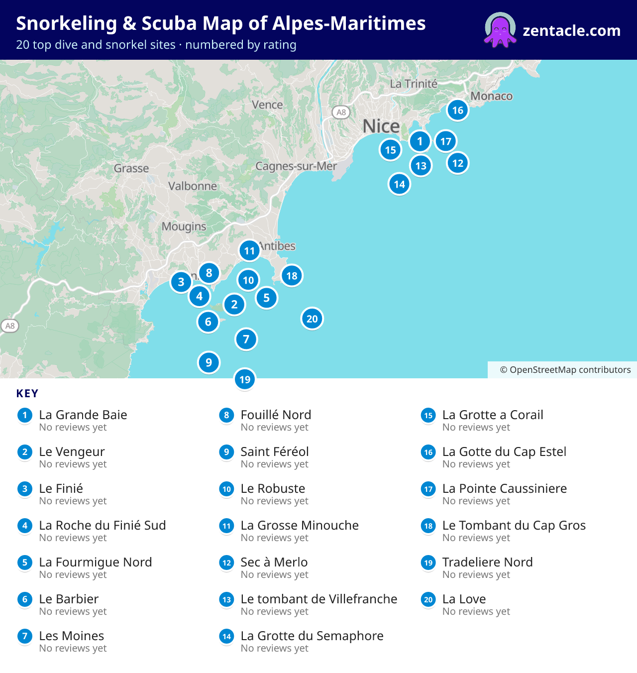 Snorkeling & Scuba Map of Alpes-Maritimes: numbered map of the top 20 dive and snorkel sites, with ratings