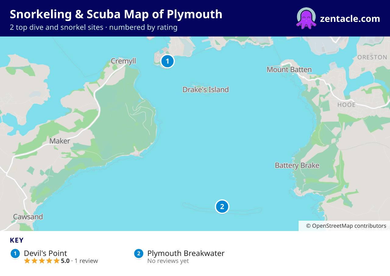 Snorkeling & Scuba Map of Plymouth: numbered map of the top 2 dive and snorkel sites, with ratings