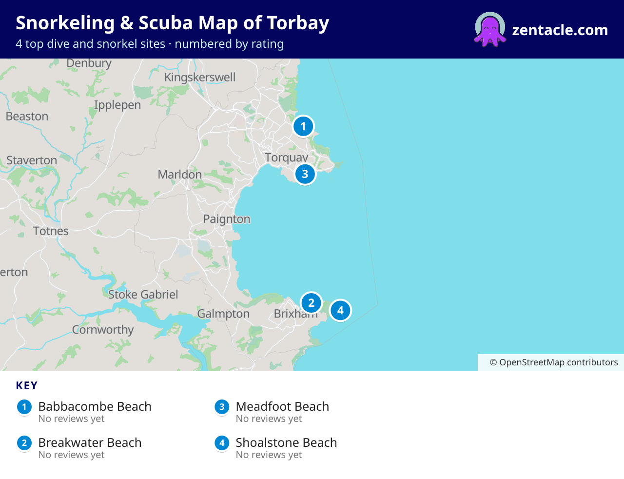 Snorkeling & Scuba Map of Torbay: numbered map of the top 4 dive and snorkel sites, with ratings