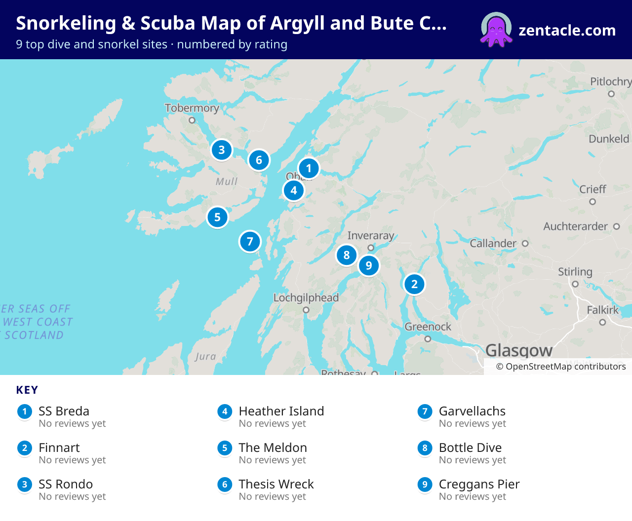Snorkeling & Scuba Map of Argyll and Bute Council: numbered map of the top 9 dive and snorkel sites, with ratings