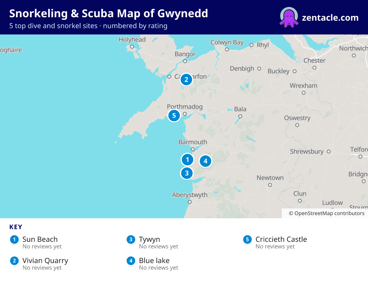 Snorkeling & Scuba Map of Gwynedd: numbered map of the top 5 dive and snorkel sites, with ratings