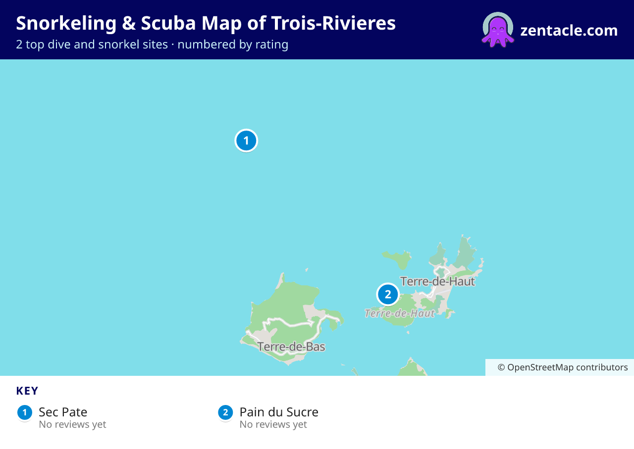 Snorkeling & Scuba Map of Trois-Rivieres: numbered map of the top 2 dive and snorkel sites, with ratings