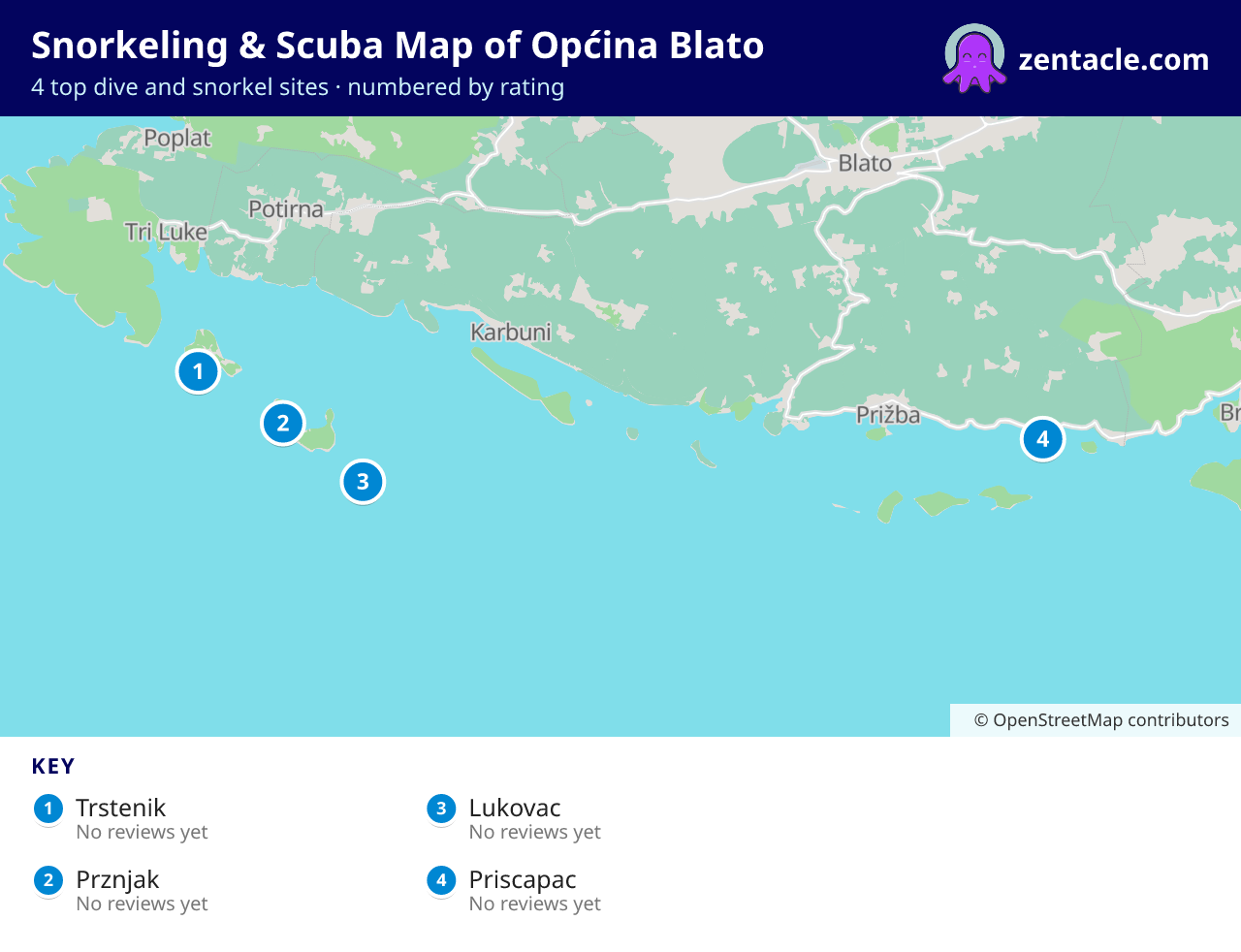 Snorkeling & Scuba Map of Općina Blato: numbered map of the top 4 dive and snorkel sites, with ratings