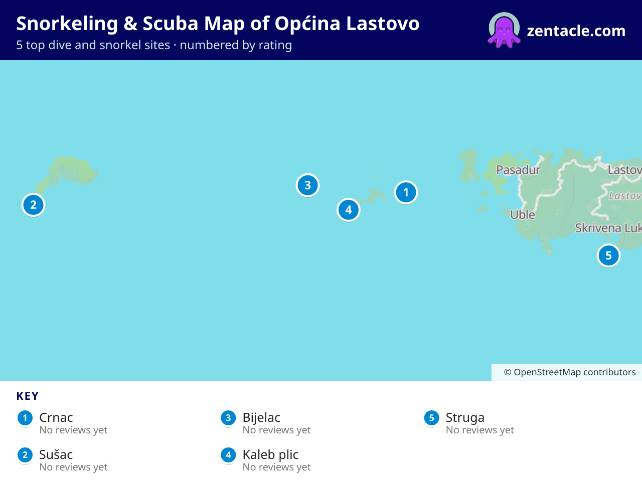 Snorkeling & Scuba Map of Općina Lastovo: numbered map of the top 5 dive and snorkel sites, with ratings