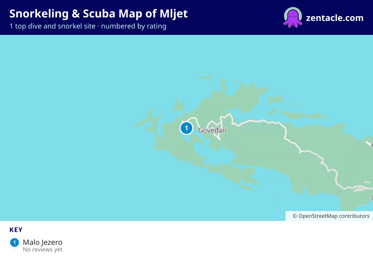 Snorkeling & Scuba Map of Mljet: numbered map of the top 1 dive and snorkel sites, with ratings