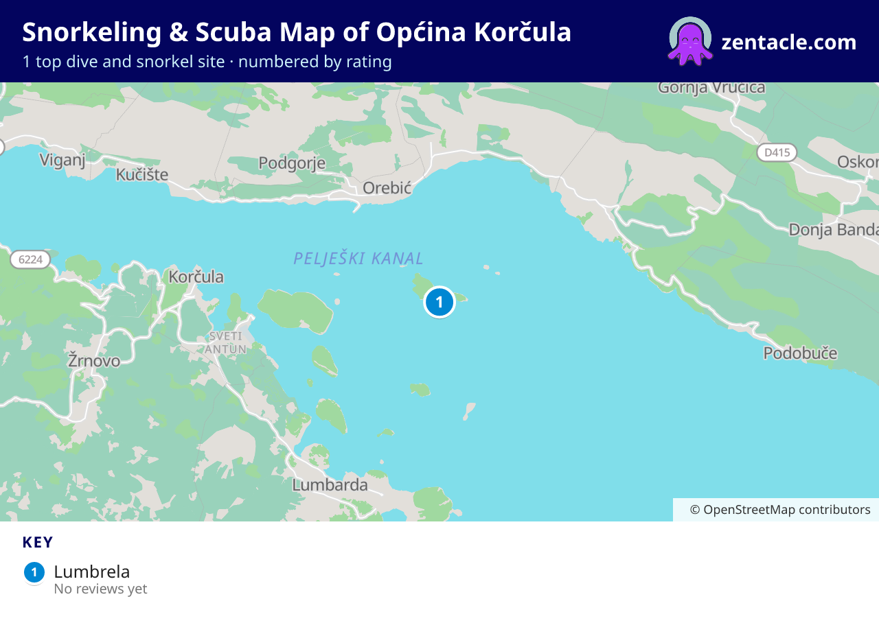 Snorkeling & Scuba Map of Općina Korčula: numbered map of the top 1 dive and snorkel sites, with ratings