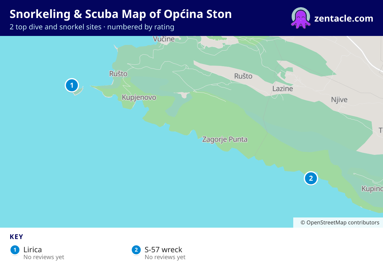 Snorkeling & Scuba Map of Općina Ston: numbered map of the top 2 dive and snorkel sites, with ratings