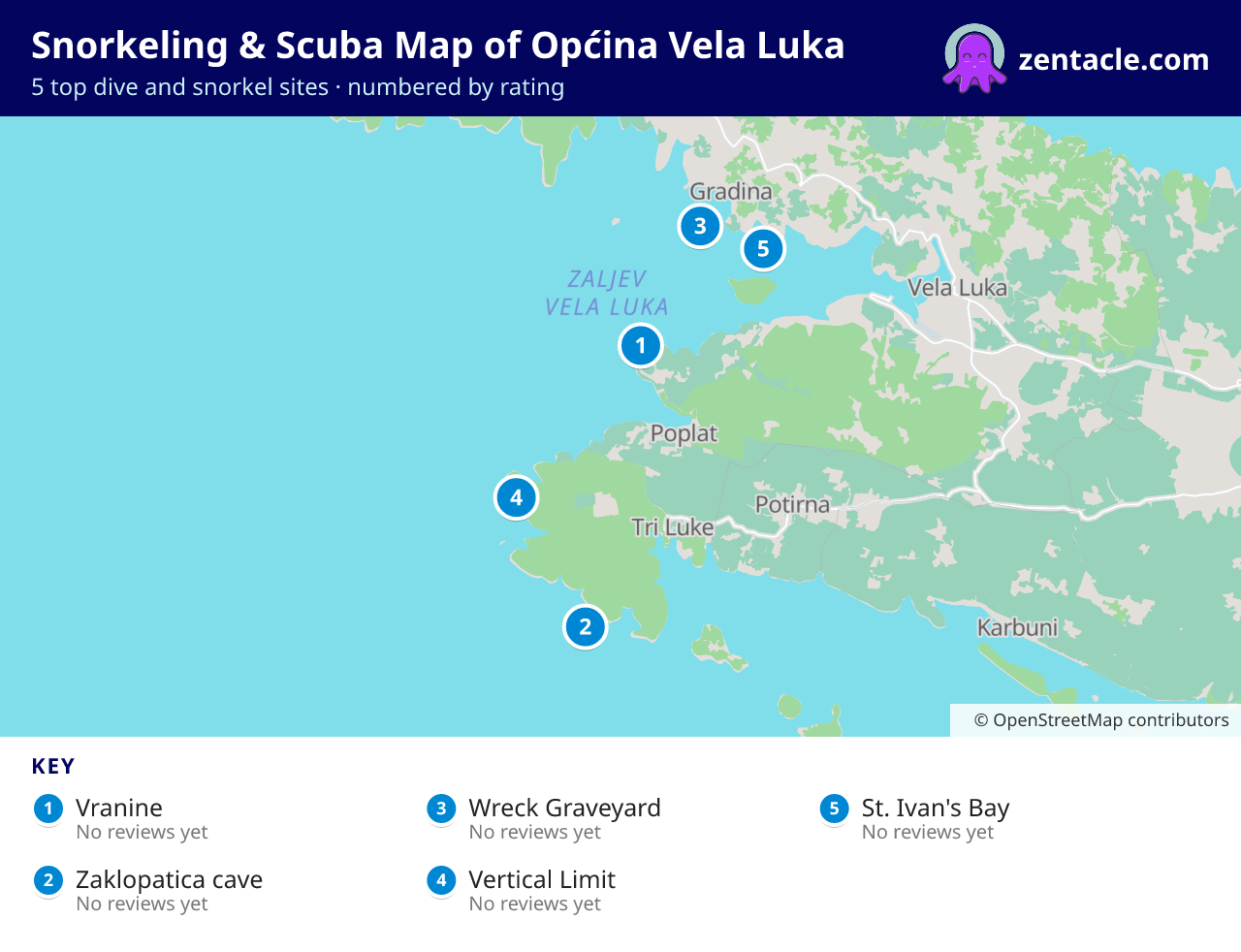 Snorkeling & Scuba Map of Općina Vela Luka: numbered map of the top 5 dive and snorkel sites, with ratings