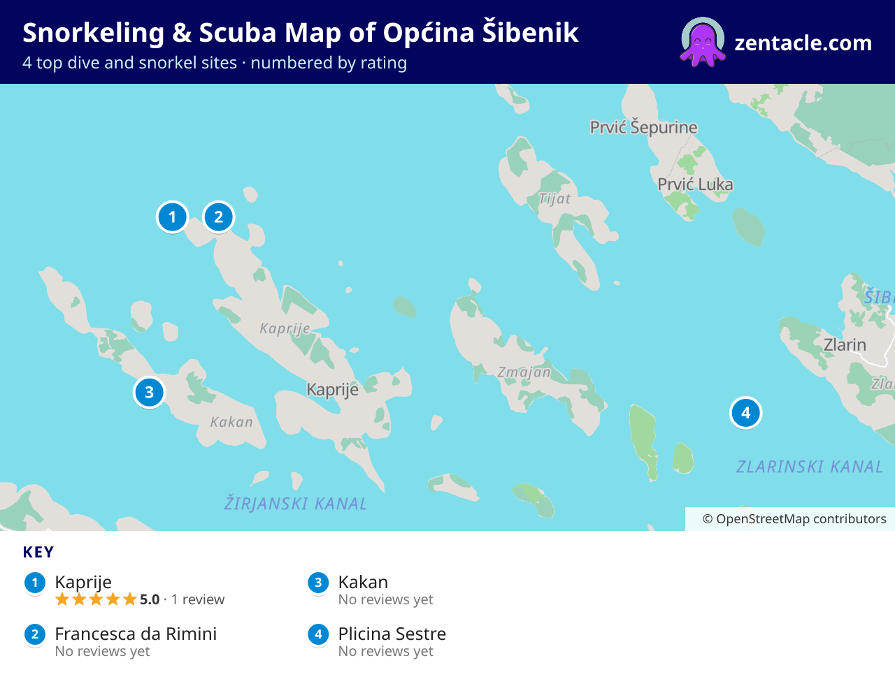 Snorkeling & Scuba Map of Općina Šibenik: numbered map of the top 4 dive and snorkel sites, with ratings