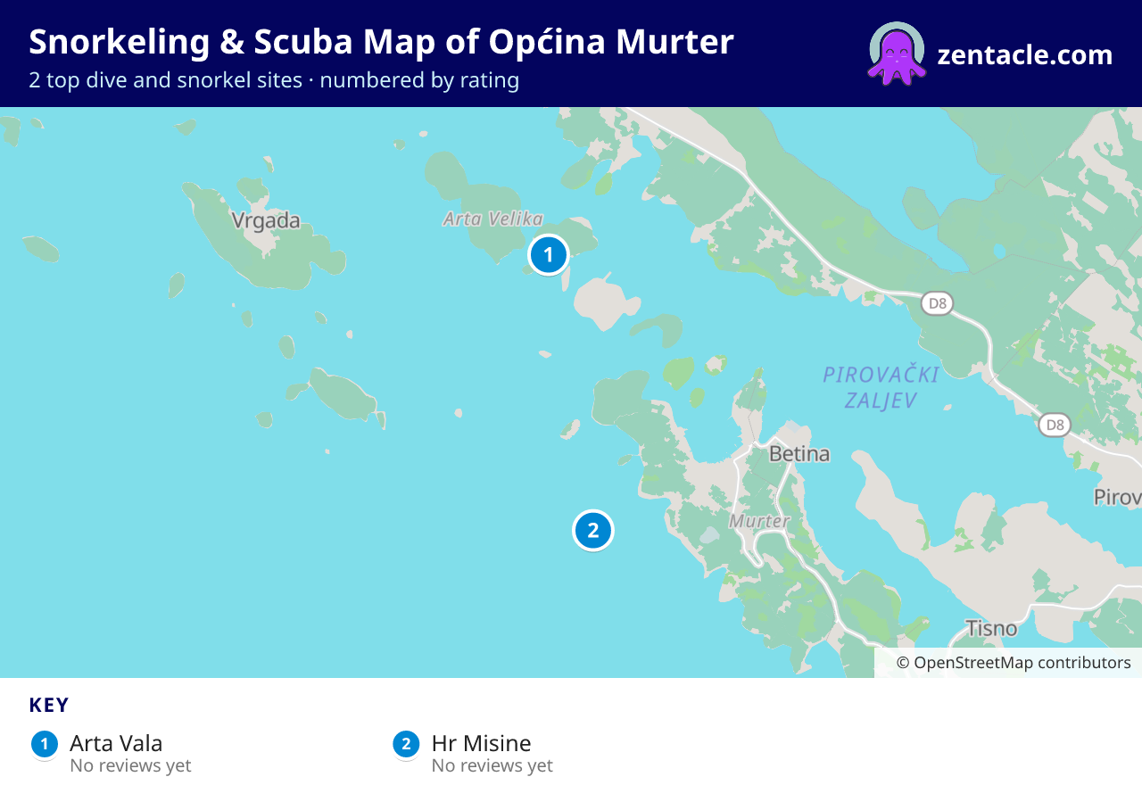 Snorkeling & Scuba Map of Općina Murter: numbered map of the top 2 dive and snorkel sites, with ratings