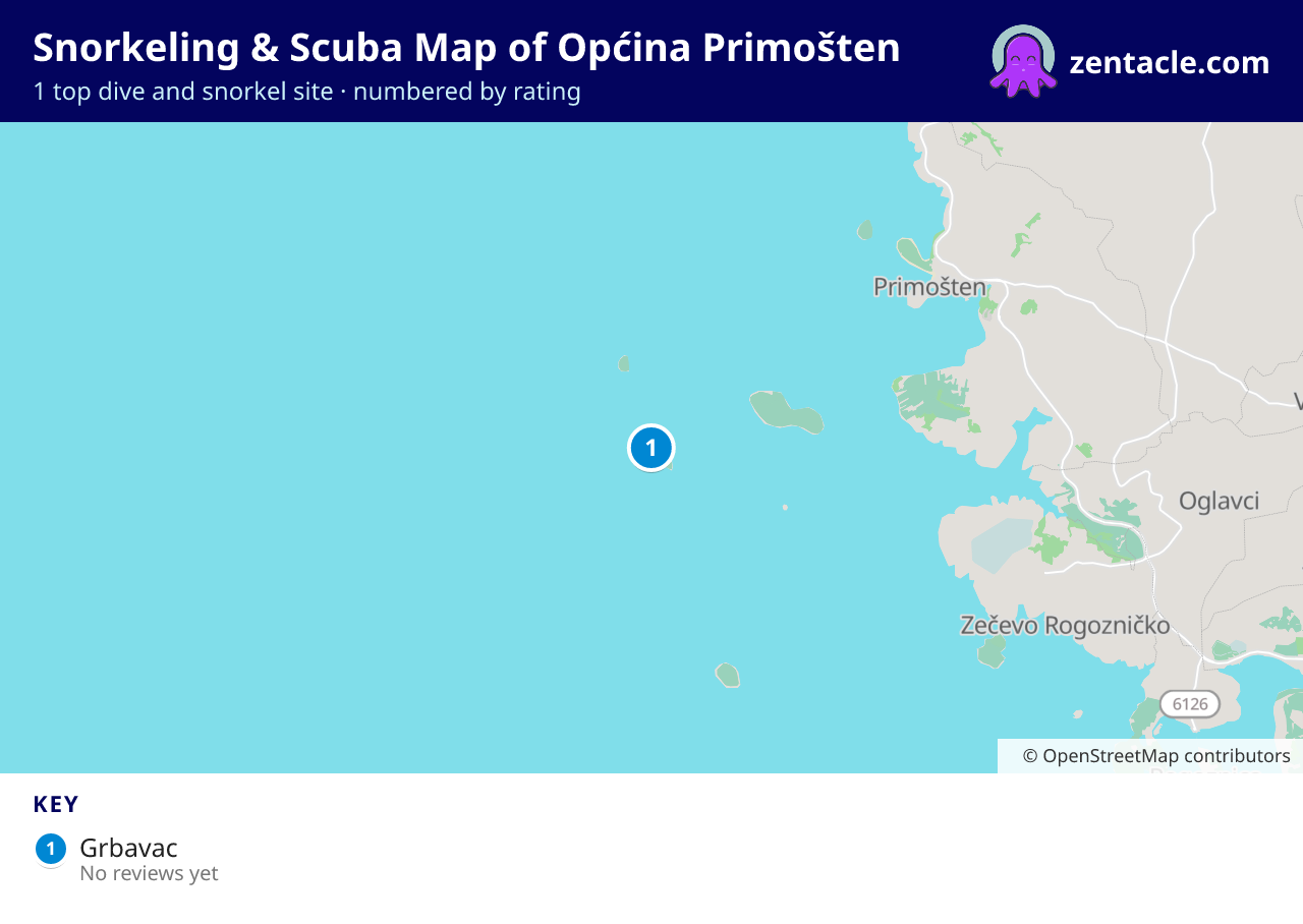 Snorkeling & Scuba Map of Općina Primošten: numbered map of the top 1 dive and snorkel sites, with ratings