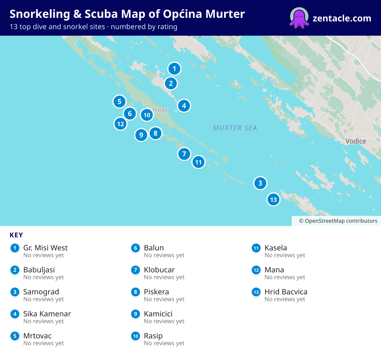 Snorkeling & Scuba Map of Općina Murter: numbered map of the top 13 dive and snorkel sites, with ratings