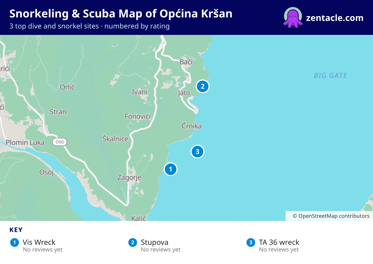 Snorkeling & Scuba Map of Općina Kršan: numbered map of the top 3 dive and snorkel sites, with ratings