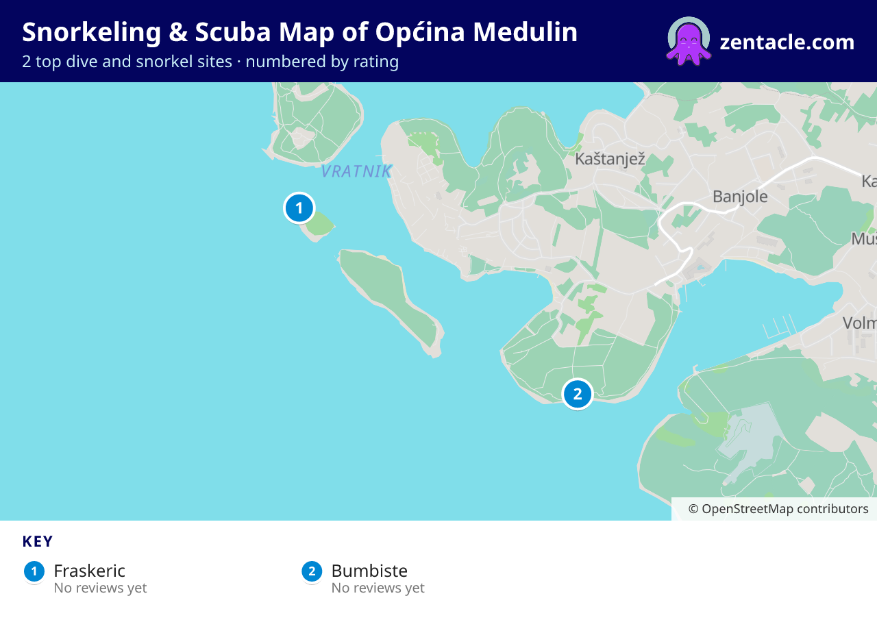 Snorkeling & Scuba Map of Općina Medulin: numbered map of the top 2 dive and snorkel sites, with ratings