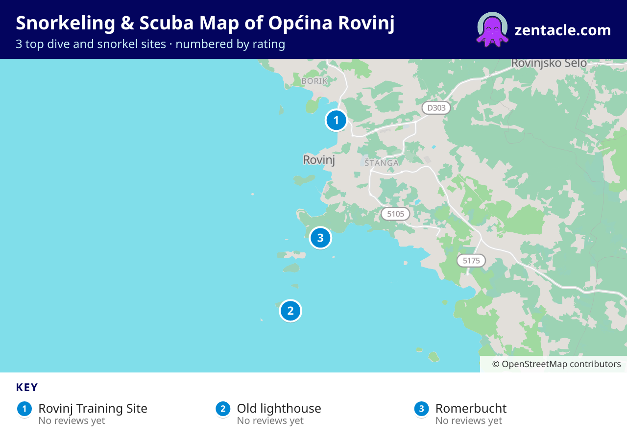 Snorkeling & Scuba Map of Općina Rovinj: numbered map of the top 3 dive and snorkel sites, with ratings