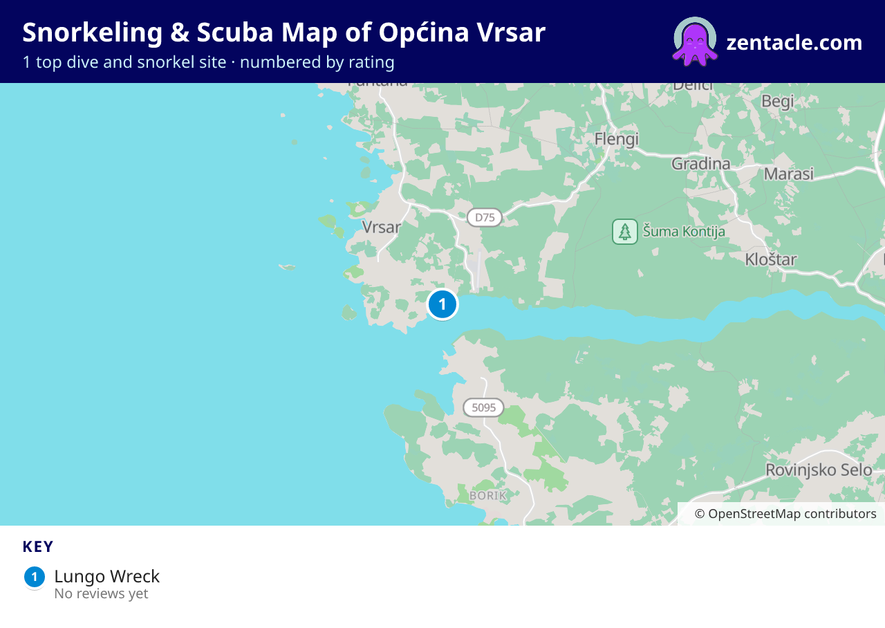 Snorkeling & Scuba Map of Općina Vrsar: numbered map of the top 1 dive and snorkel sites, with ratings