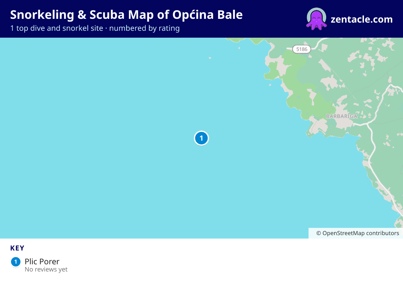Snorkeling & Scuba Map of Općina Bale: numbered map of the top 1 dive and snorkel sites, with ratings