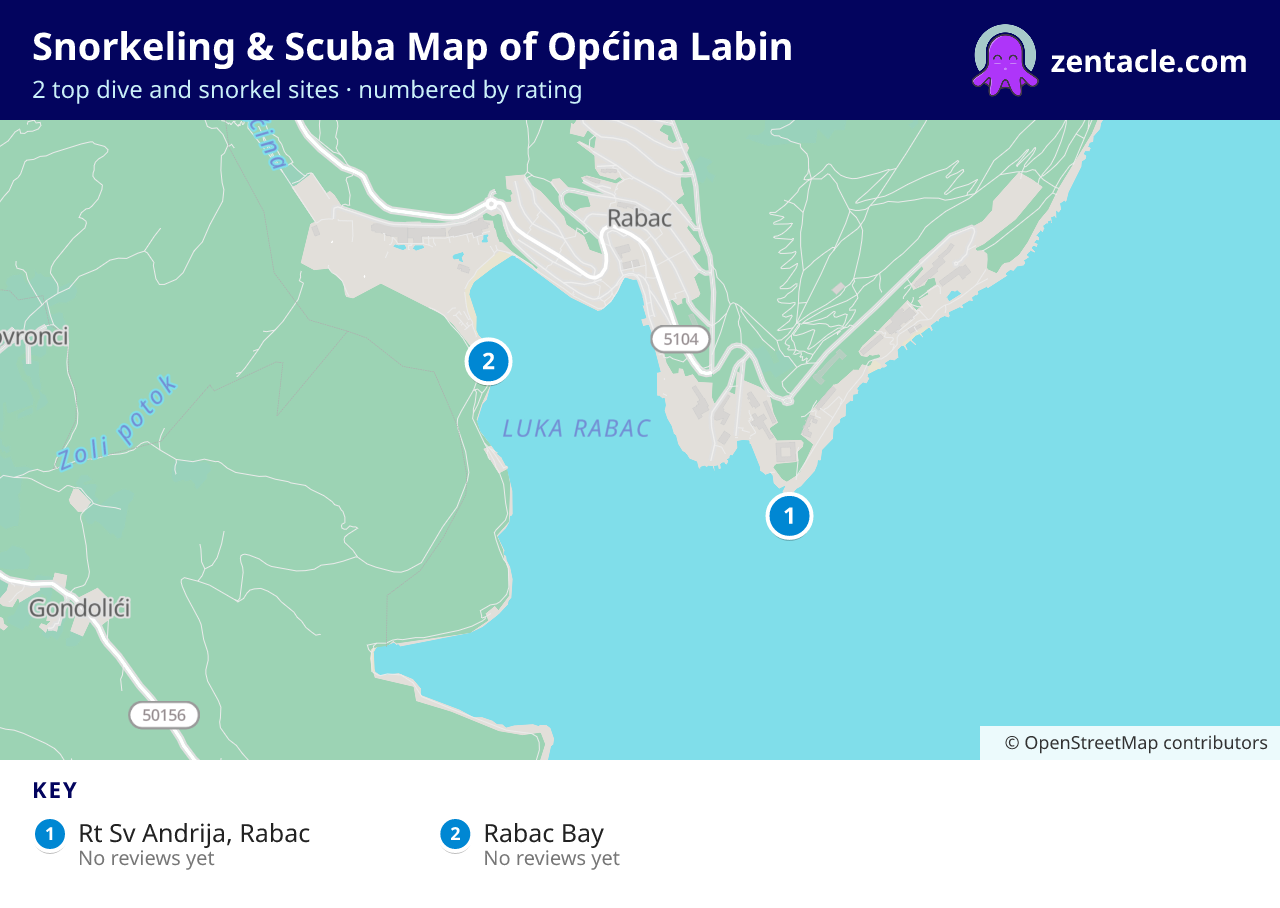 Snorkeling & Scuba Map of Općina Labin: numbered map of the top 2 dive and snorkel sites, with ratings
