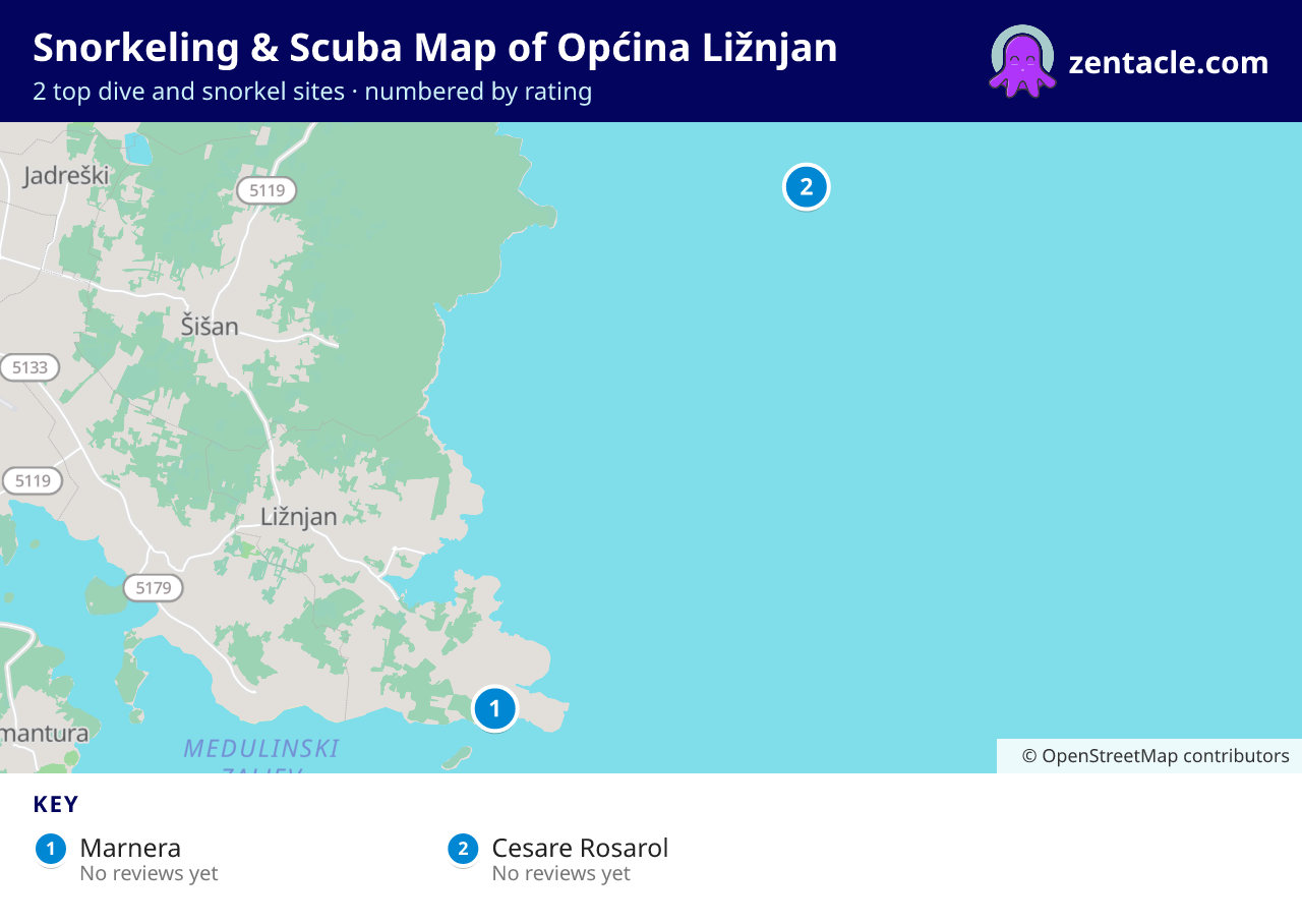 Snorkeling & Scuba Map of Općina Ližnjan: numbered map of the top 2 dive and snorkel sites, with ratings