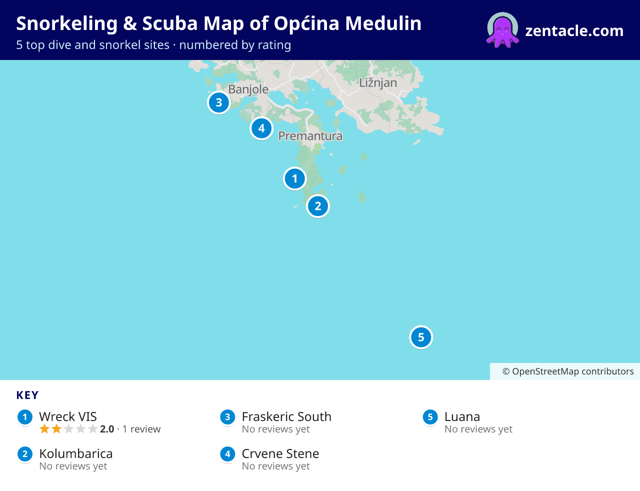 Snorkeling & Scuba Map of Općina Medulin: numbered map of the top 5 dive and snorkel sites, with ratings