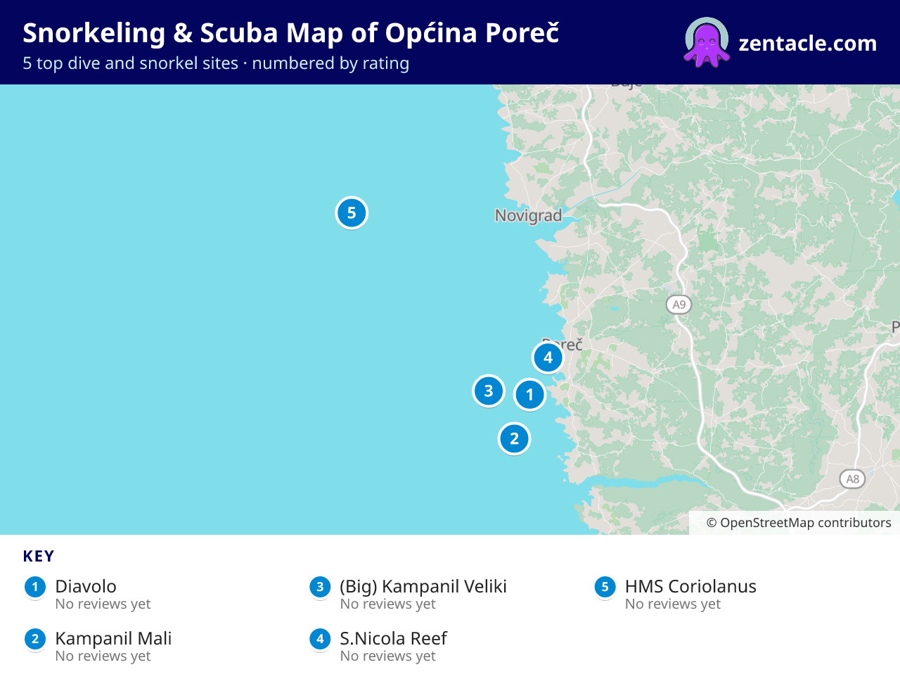 Snorkeling & Scuba Map of Općina Poreč: numbered map of the top 5 dive and snorkel sites, with ratings