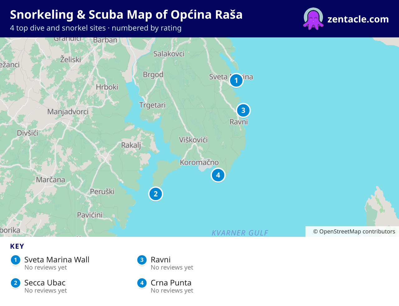 Snorkeling & Scuba Map of Općina Raša: numbered map of the top 4 dive and snorkel sites, with ratings