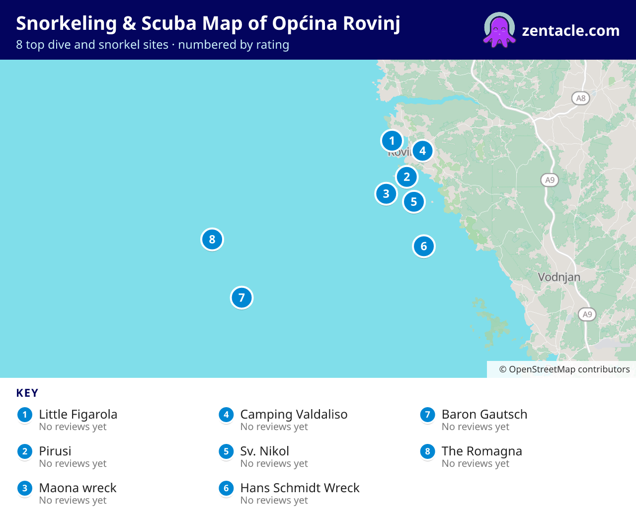 Snorkeling & Scuba Map of Općina Rovinj: numbered map of the top 8 dive and snorkel sites, with ratings