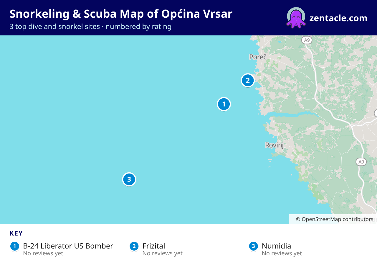Snorkeling & Scuba Map of Općina Vrsar: numbered map of the top 3 dive and snorkel sites, with ratings