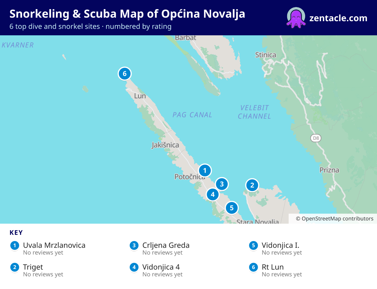 Snorkeling & Scuba Map of Općina Novalja: numbered map of the top 6 dive and snorkel sites, with ratings