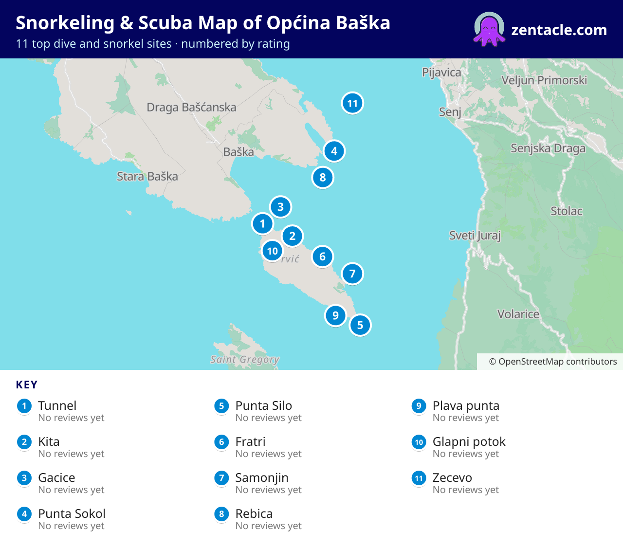 Snorkeling & Scuba Map of Općina Baška: numbered map of the top 11 dive and snorkel sites, with ratings